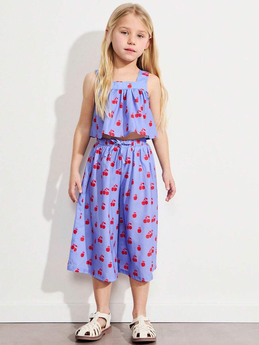 THE HAPPY LOOK Conjunto de top de tirantes y pantalones de pierna ancha con estampado de cerezas para niñas, ideal para verano