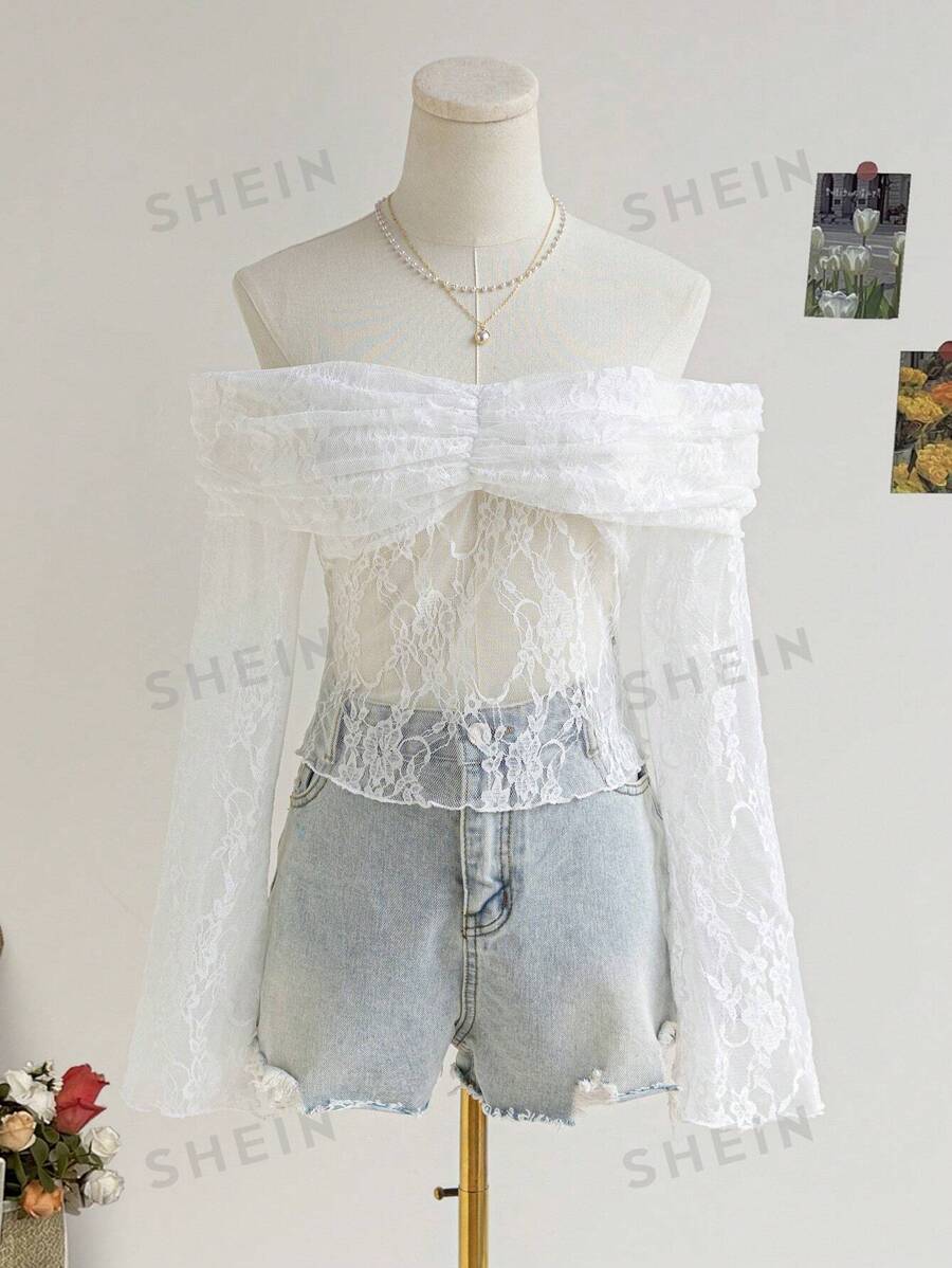 Soleia Blusa elegante y sexy de mujer con hombros descubiertos, encaje transparente y mangas de campana