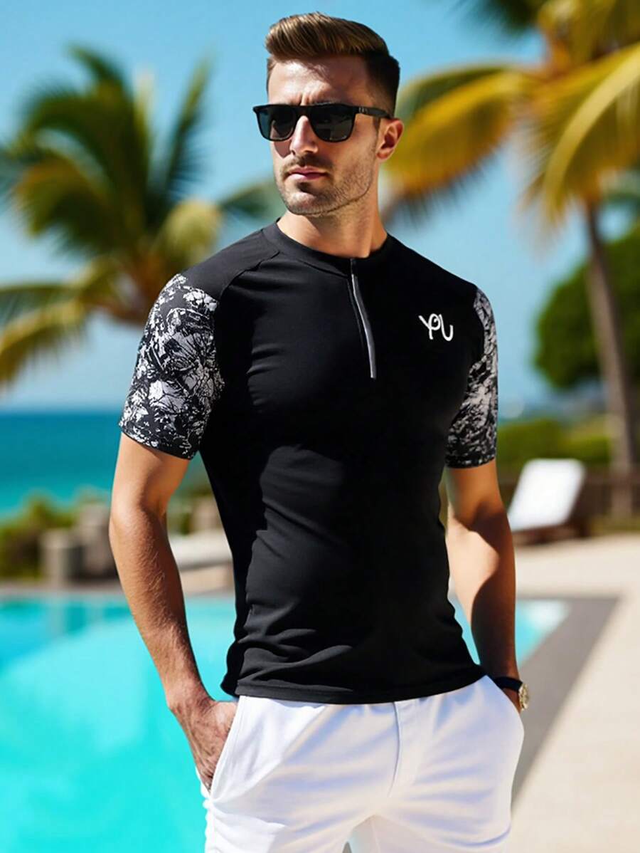 Manfinity Swimmode Camiseta de manga corta de surf de media cremallera con cuello redondo y pantalón de baño estampado en tie dye para hombre, estilo hawaiano