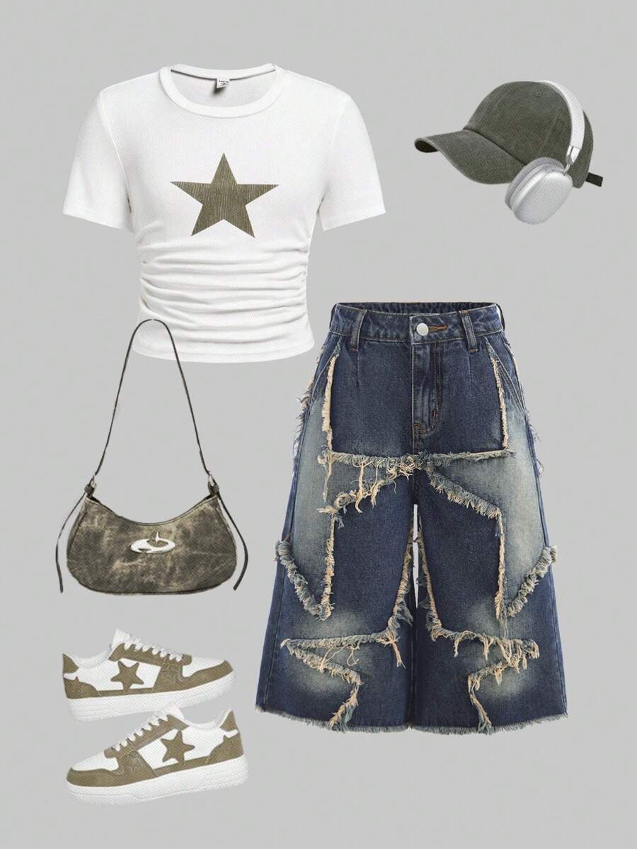 SHEIN Tween Girls Y2K Vintage Washed Star Patched Printed,Belt Loop, Frayed Edge,Denim Capri Baggy Jeans Long Shorts With Raw Hem, Casual & Fashionable For Everyday Wear,School,Streetwear