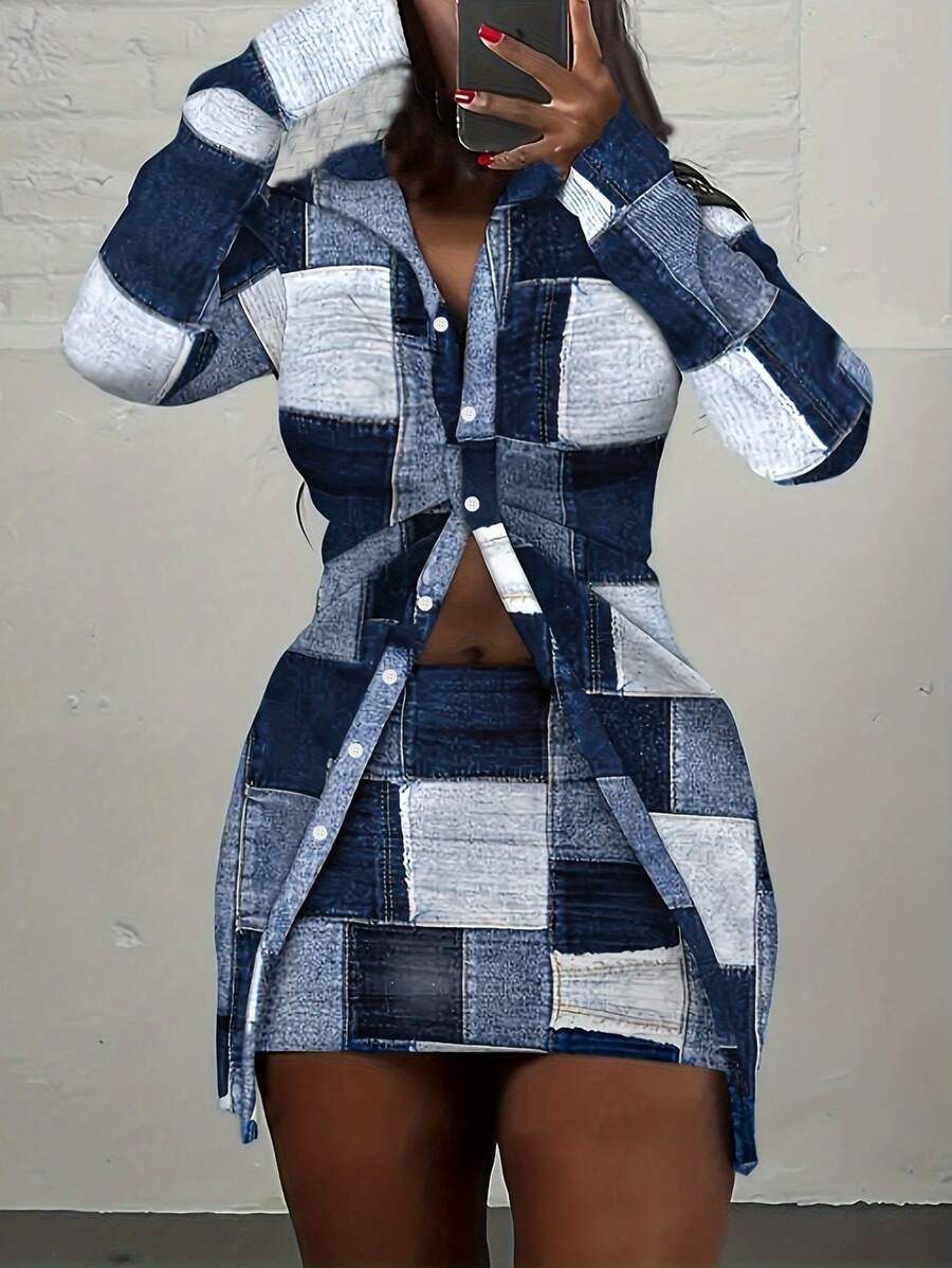 BamGleam Splice Printed Button Down Shirt And Skirt Women Color Block Spring Summer Set