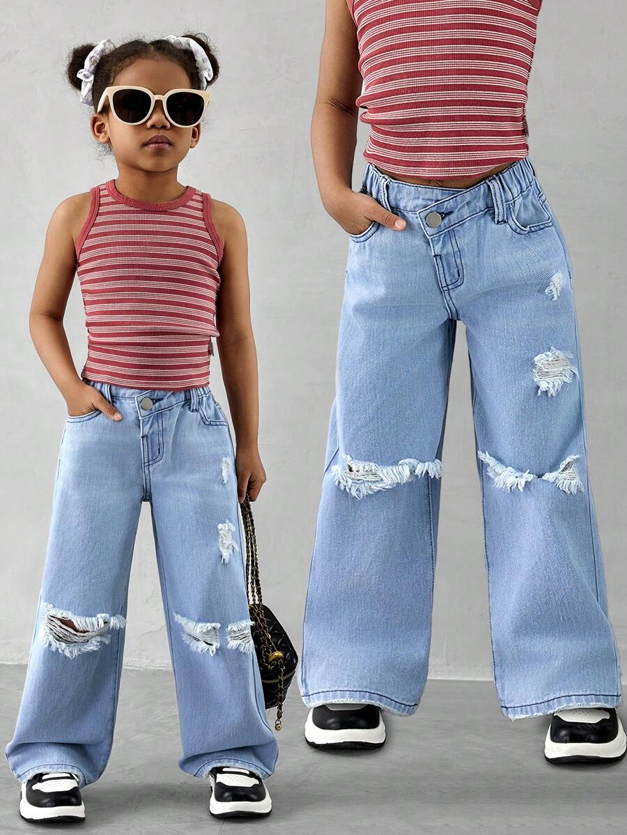 Young Girl Ripped Distressed Casual Fashionable Slant Placket Denim Straight Jeans