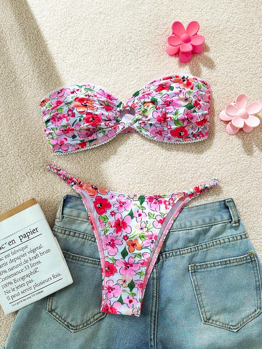 SHEIN Swim Kobiety obcisłe seksowne plażowe Ditsy Floral Tube Top Casual Beach 2 Pieces Swimsuit