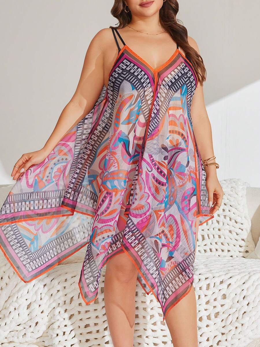 SHEIN Swim Curve Plus Size Women's Sleeveless Print Patchwork Beach Cover Up, For Summer Vacation