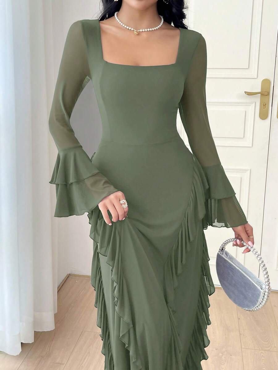 Modelyn Women's Solid Color Square Neck Bell Sleeve Long Elegant Dress Long Evening Dresses