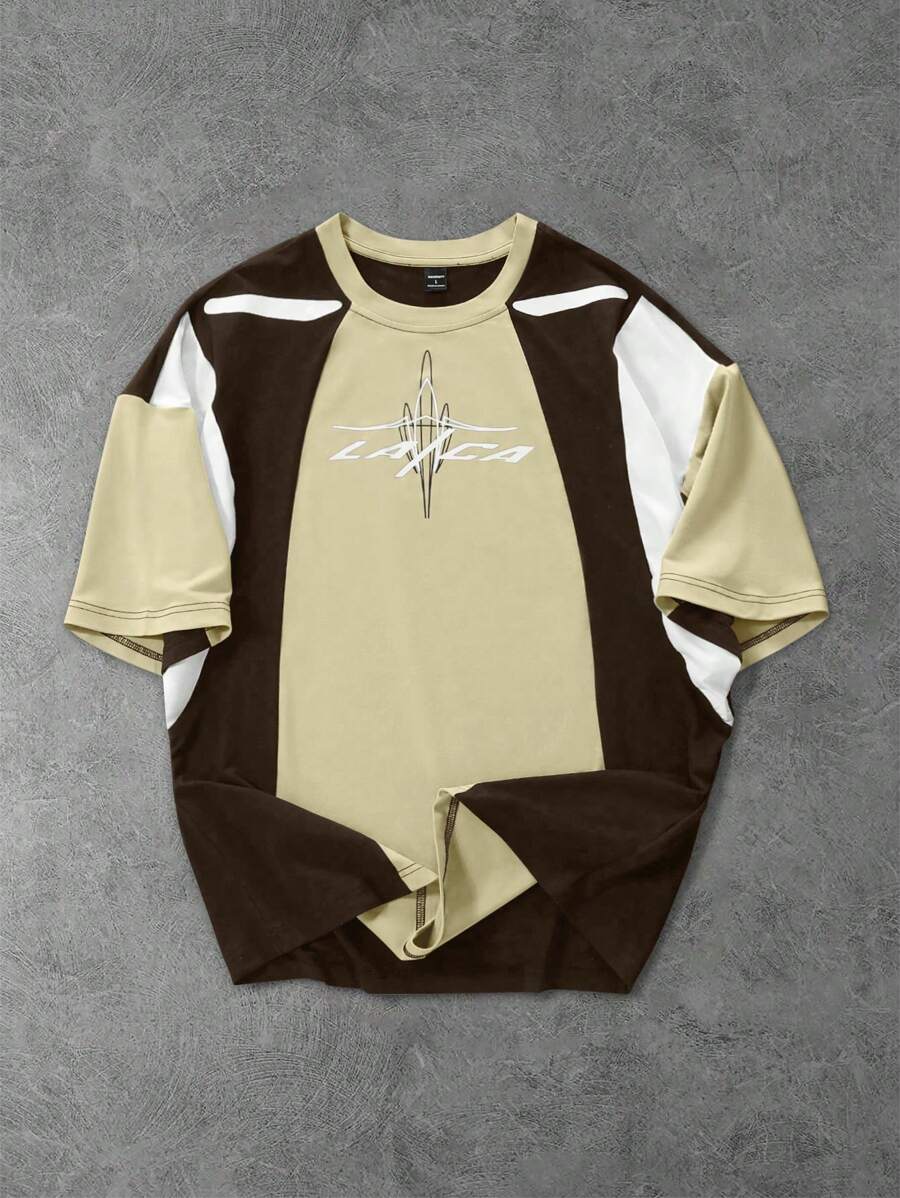 Manfinity Streetrush Camiseta de manga corta casual para hombre con bloque de color contrastante y estampado de letras, de cuello redondo y holgada, de parches, para uso diario y casual, regalo para vacaciones, para todas las estaciones y para ir y venir del trabajo