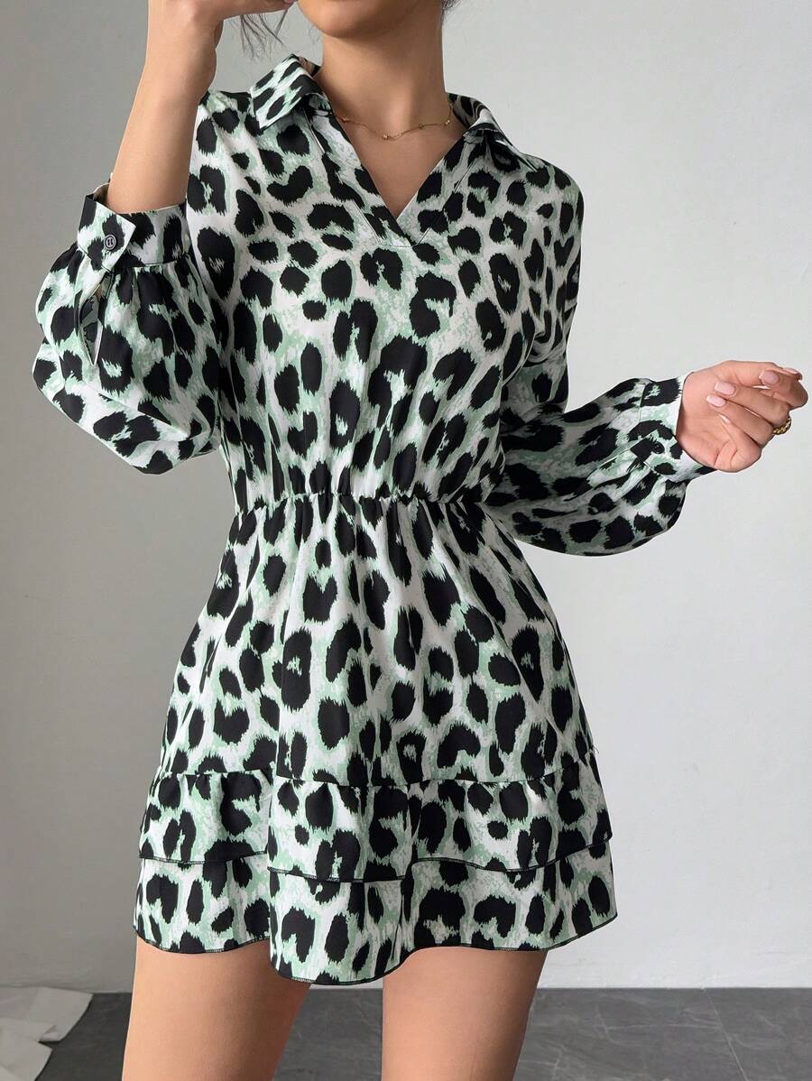 Elenzga Women Polo Collar Casual Leopard Print Ruffle Hem Long Sleeve Dress