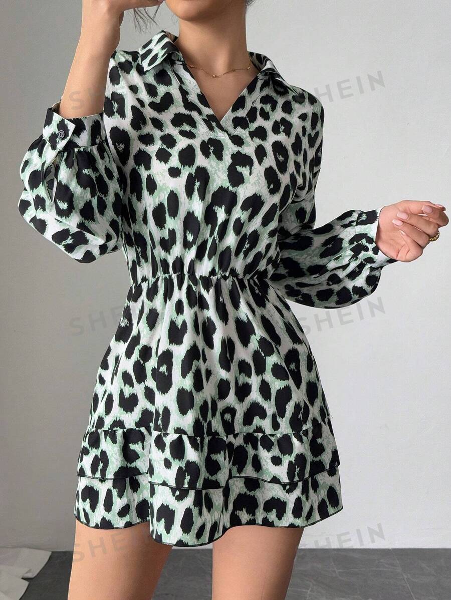 Elenzga Vestido casual de manga larga con cuello polo, estampado de leopardo y volantes en el bajo para mujer