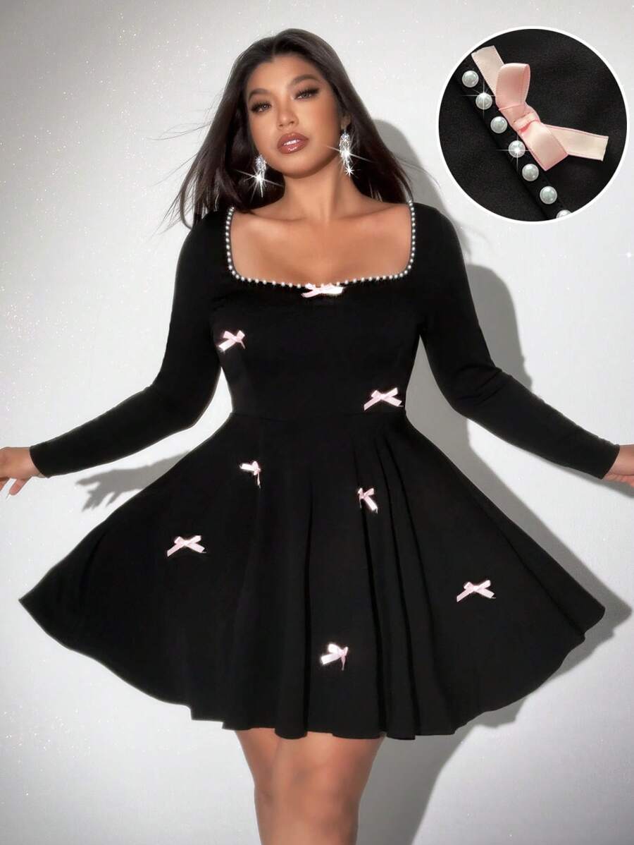 Viva Relle Plus Size Women Elegant Ruffle Trim Bow Decor Flare Sleeve Romantic Date Party Dress