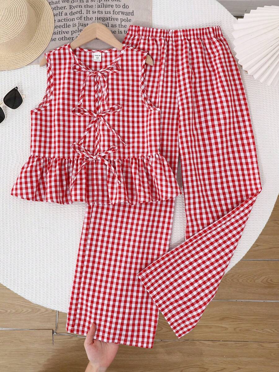 SHEIN LMoss Kids Tween Girls Plaid Tie Bow Sleeveless Blouse And Wide Leg Pants 2 Pieces Outfit Holiday Outfits