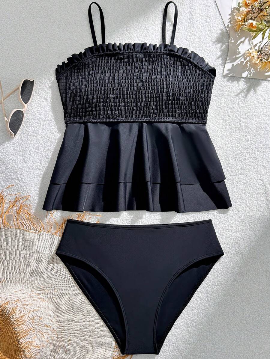 Tankini 2 piese Teen Girl Noua colecție 2025, Culoare uni, Potrivit pentru spa, plajă, piscină, modă, ocazional, vară, cadou