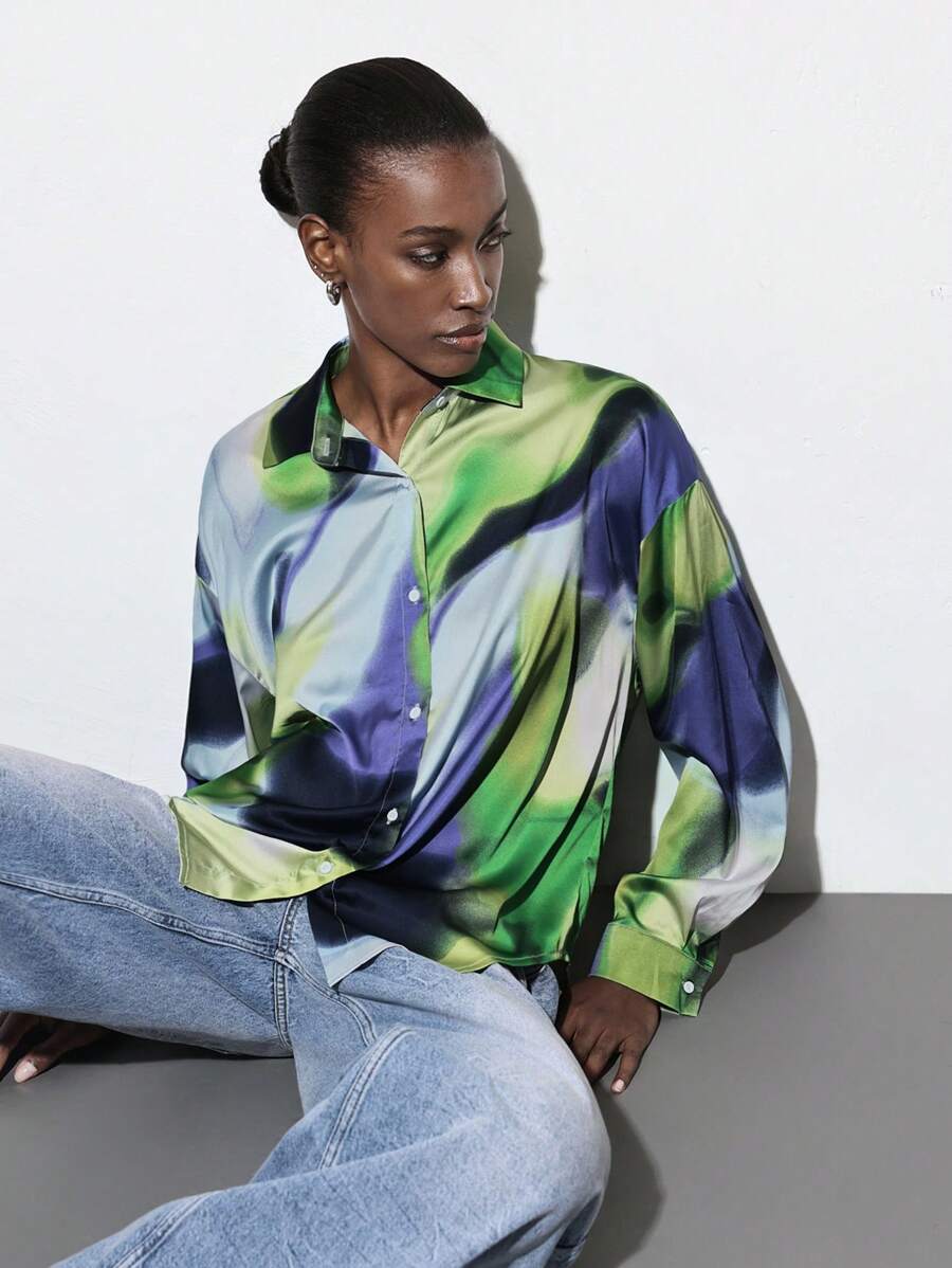 Maija Women's Fashion Tie-Dye Pattern Print Charmeuse Single-Breasted Lapel Long Sleeve Shirt, Versatile For Spring