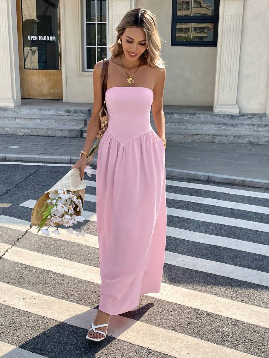 SHEIN LUNE Casual effenkleurige bandeaujurk met zak voor dames voor dagelijks gebruik