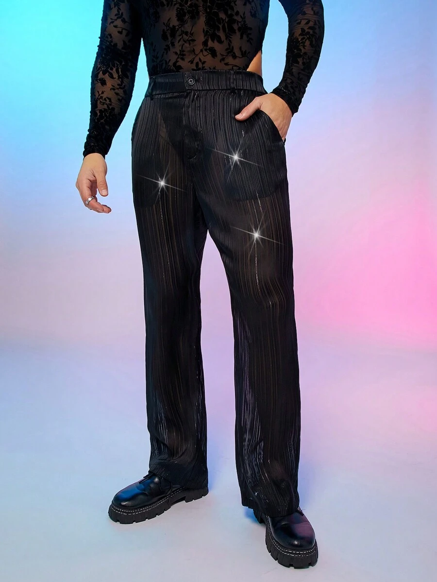 FeverCity Men's Fashion Commuter Shiny See-Through Suit Pants