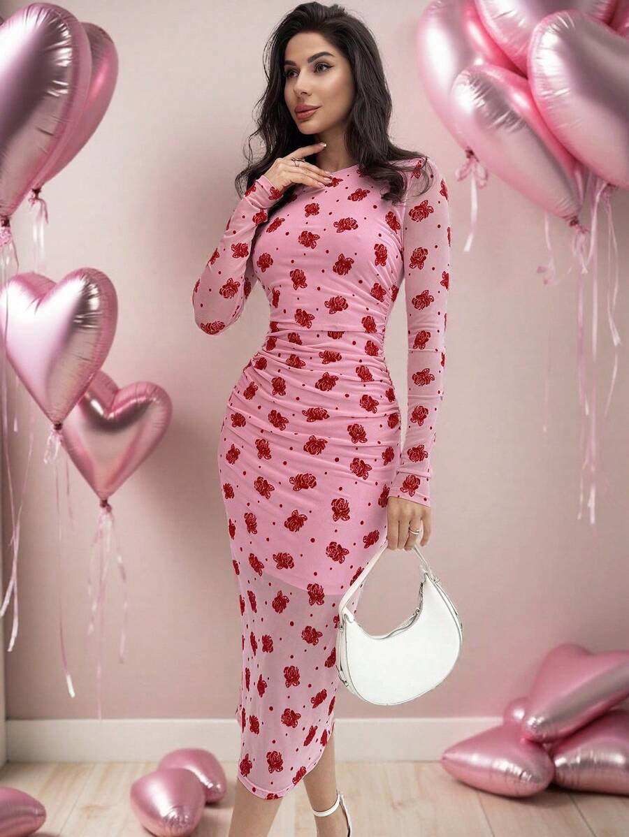 Firerie Vestido midi de manga larga de Body con recogido, de tela elástica con estampado floreado romántico y detalles elegantes, ideal para Navidad, Año Nuevo y Día de San Valentín, para otoño/invierno