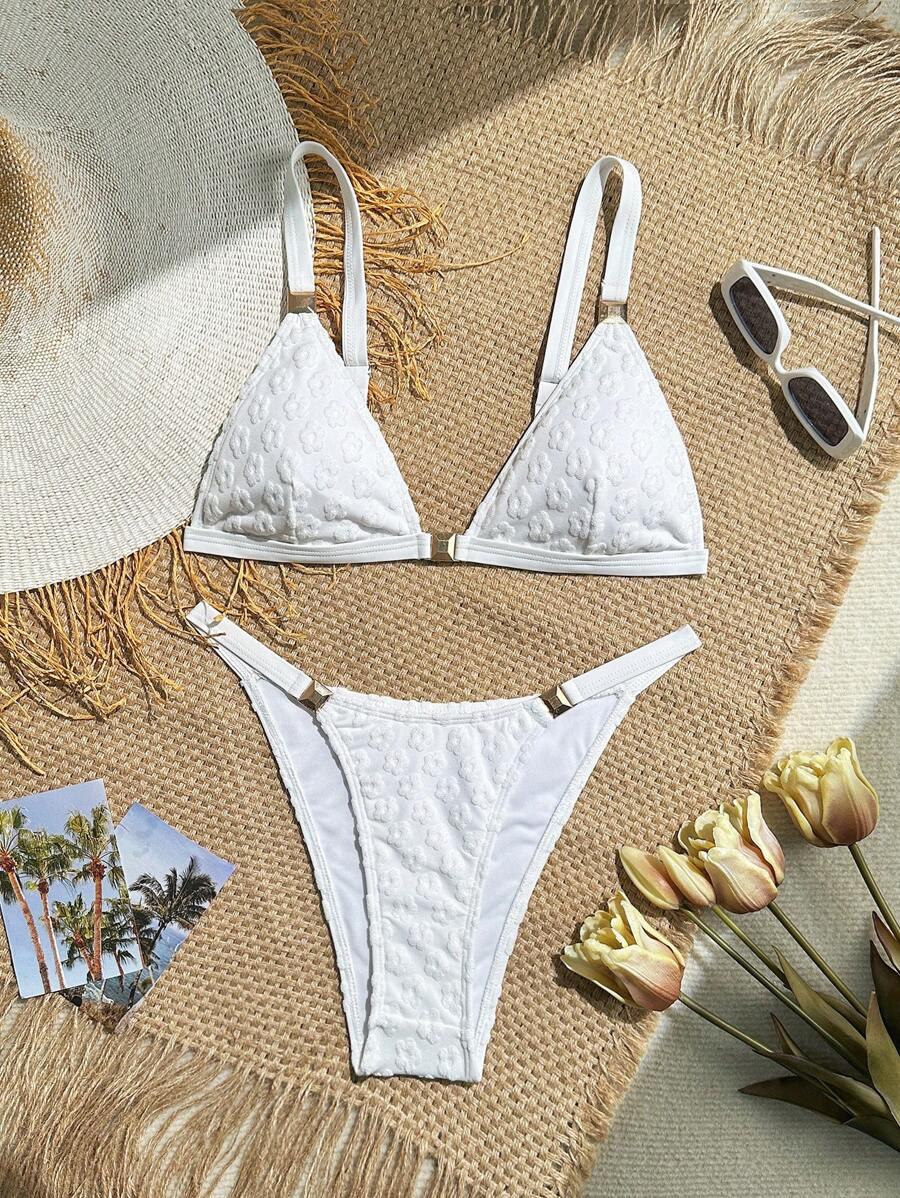 SHEIN Swim Zomer Dames Effen Kleur Getextureerde Stof Halter Metalen Blok Decor Sexy Mode Bikini Badmode