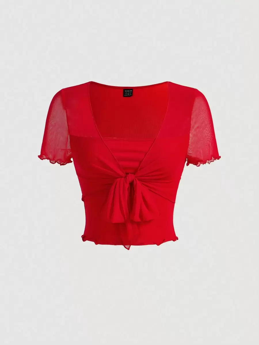 SHEIN MOD Lettuce Hem Tie Front Red Vintage T-Shirt