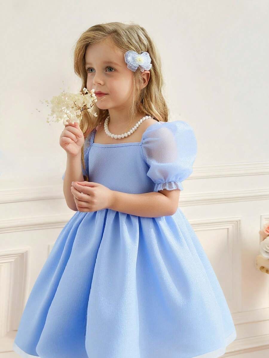 Young Girl Graceful Solid Color Bubble Sleeve Mesh A-Line Dress, Elegant Design