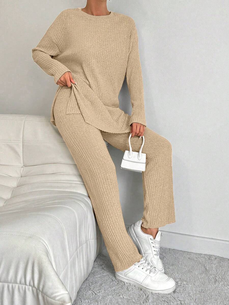 Cottnline Conjunto de dos piezas de pantalones y top largo de corte alto 100% algodón para mujer