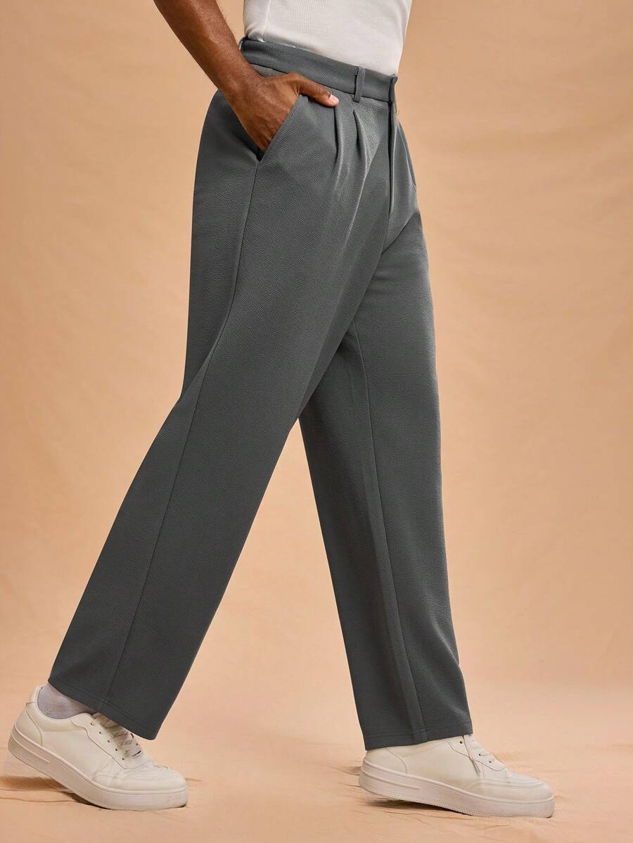 Forever 21 Men Casual Plain Color Pleated Straight Leg Pants