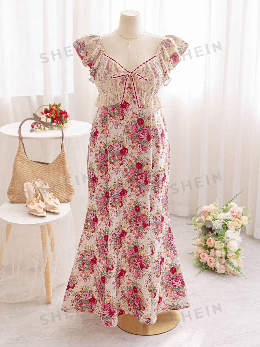 Soleia Vestido largo con estampado floral, mangas cortas de encaje y cintura ceñida, estilo romántico vintage, para mujer talla grande, primavera