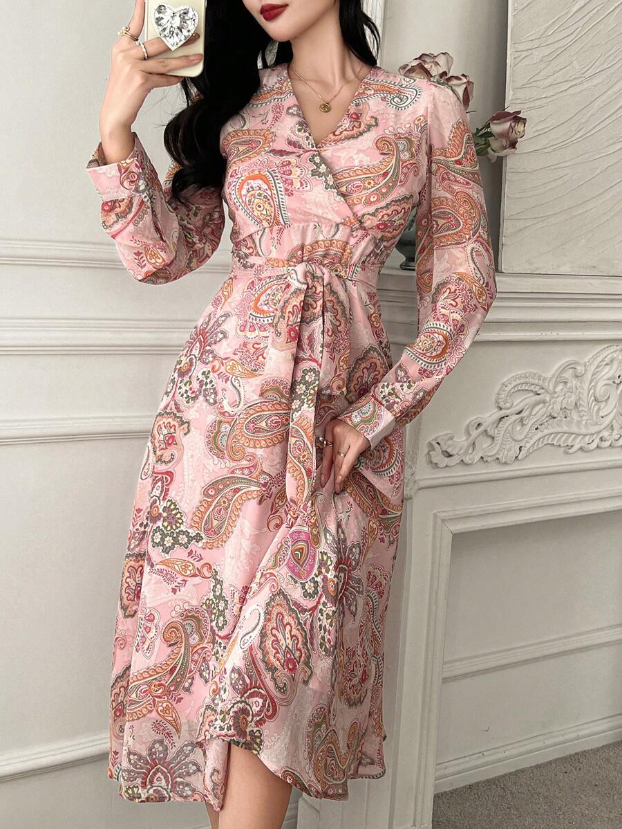 DAZY Spring New Valentine's Day Print Cinch Waist Sundress, Muse Tied Bowknot Elegant All-Over Print Dress For Women Boho,Ruffle