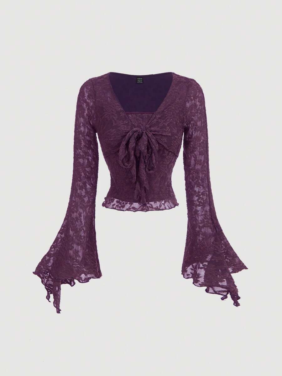 SHEIN MOD Purple Romantic & Elegant Front Tie Blouse, Cute T-Shirt For Women, Autumn/Winter Hollowed Costumes Women Pirate Top Princess Women Costume Going Out Tops