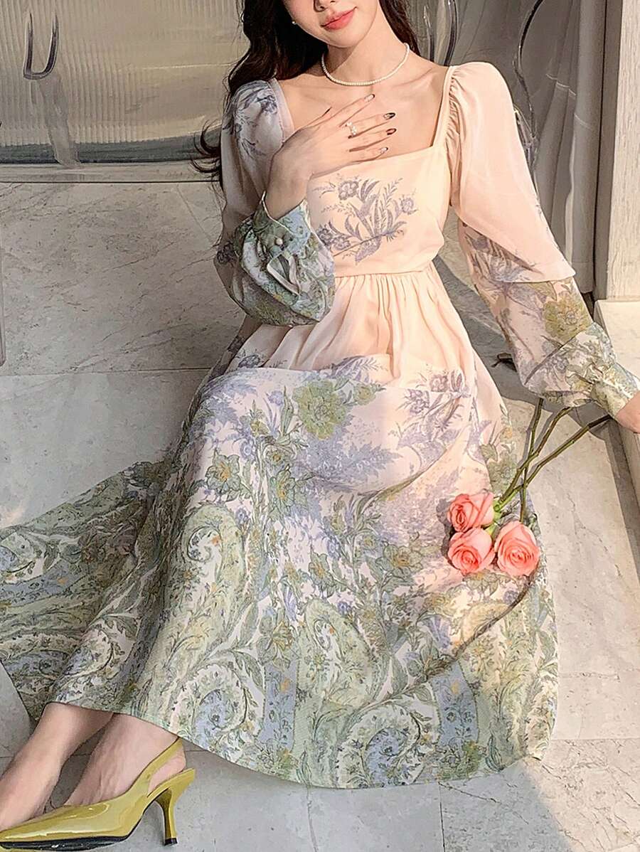 DAZY Robe midi à manches lanternes, col carré et imprimé floral complet pour femmes, volants