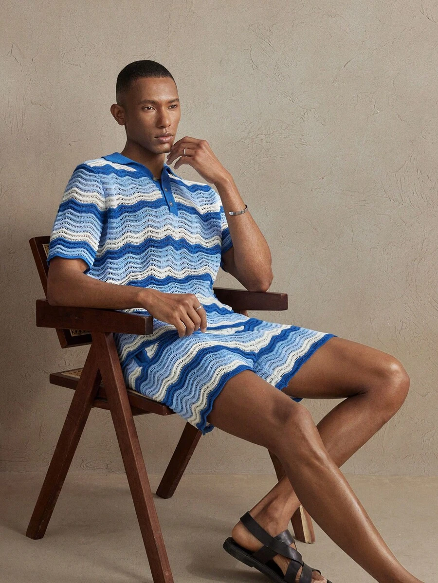 SHEIN X ELOISA & ORSON AKNOTIC Pantalones cortos casuales de punto jacquard holgados para hombres, adecuados para primavera/verano, vacaciones, fiestas, escuela