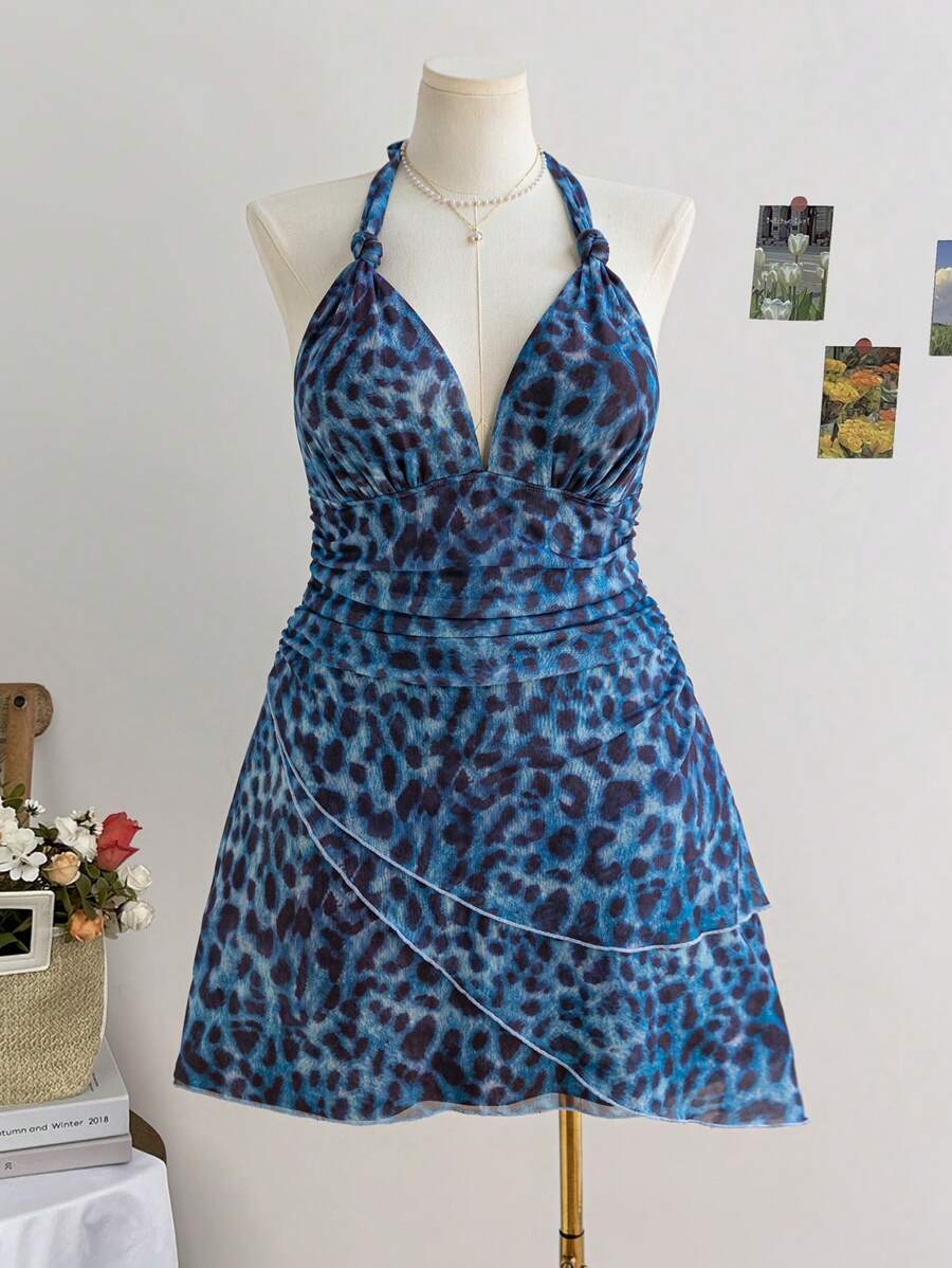 Soleia Vestido de vacaciones/vuelta al colegio con estampado floral y de leopardo, escote halter y espalda descubierta para mujer talla grande, otoño temprano
