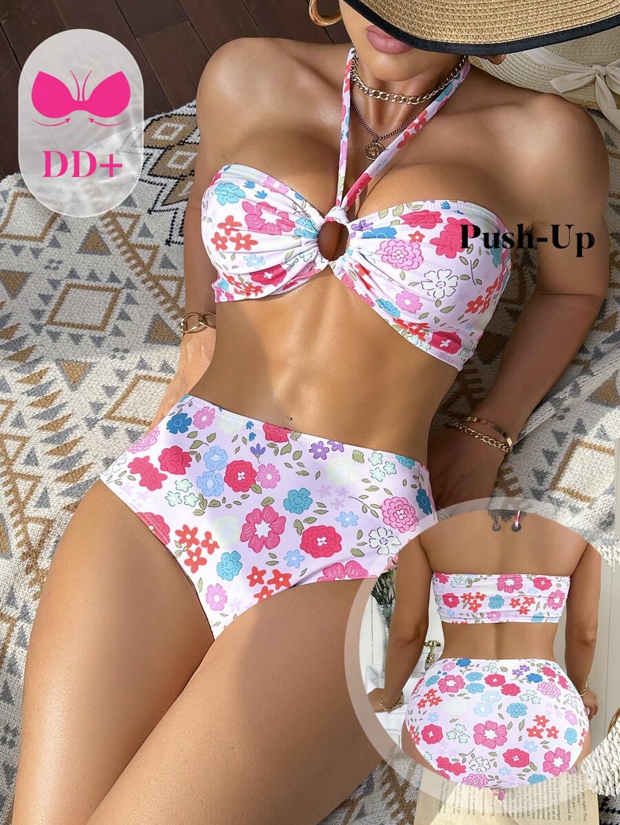 Swim DD+ Women's Floral Print Bandeau Bikini Set With Removable Straps, Vacation Swimwear, For Summer Beach