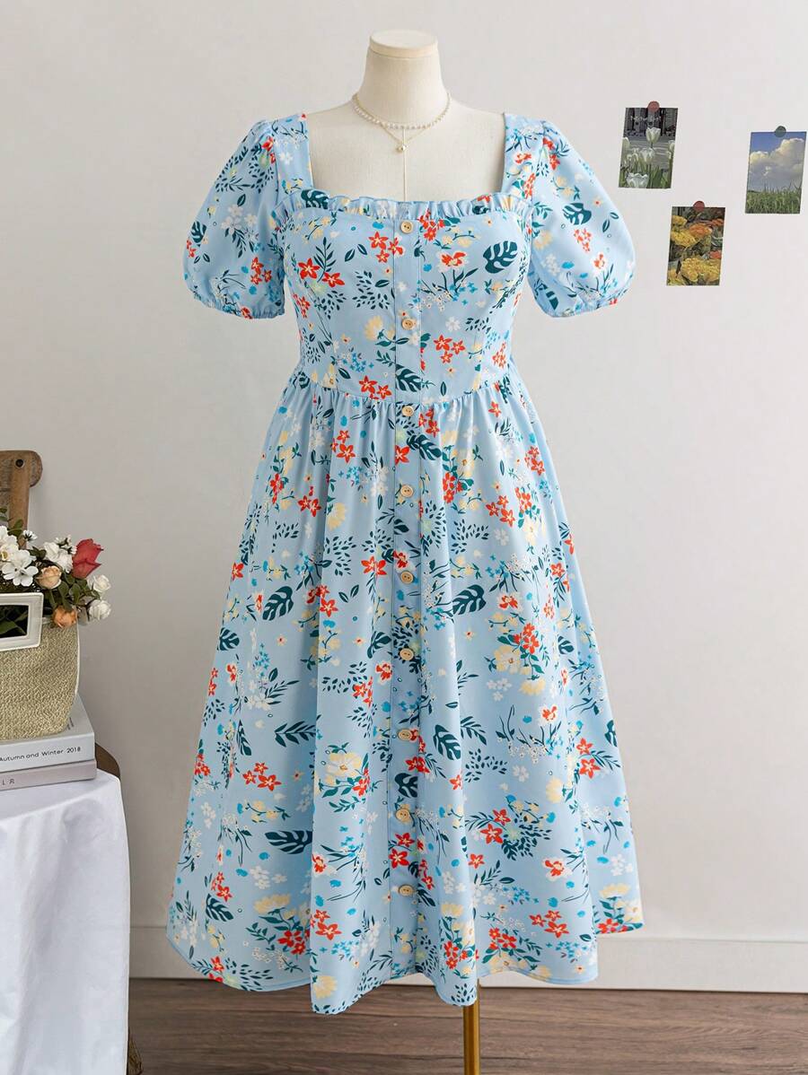 Soleia WYWH Holiday Pastoral Romantic Multi-Color Floral Puff Sleeves Front Button-Down Square Collar Plus Size Dress Long