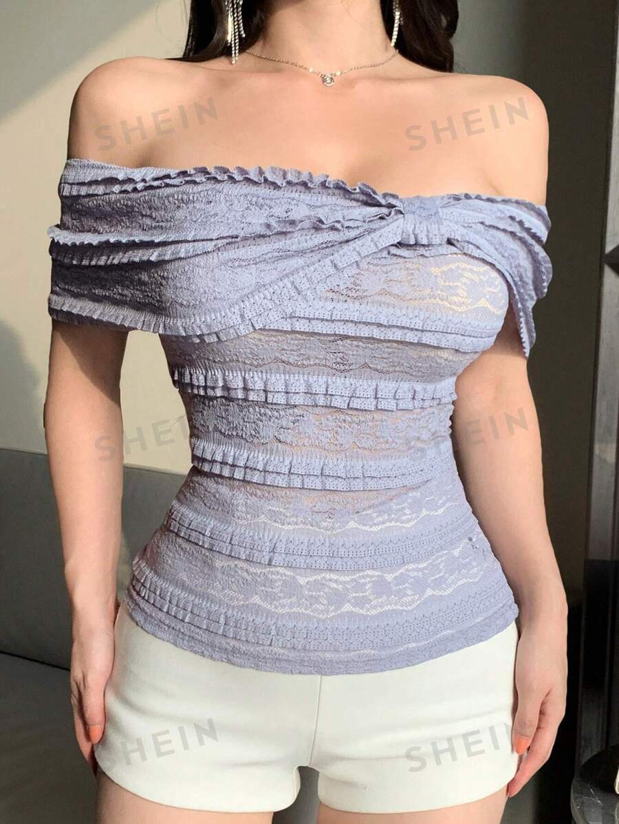 DAZY Camiseta de verano nueva de mujer con hombros descubiertos, texturizada y ajustada