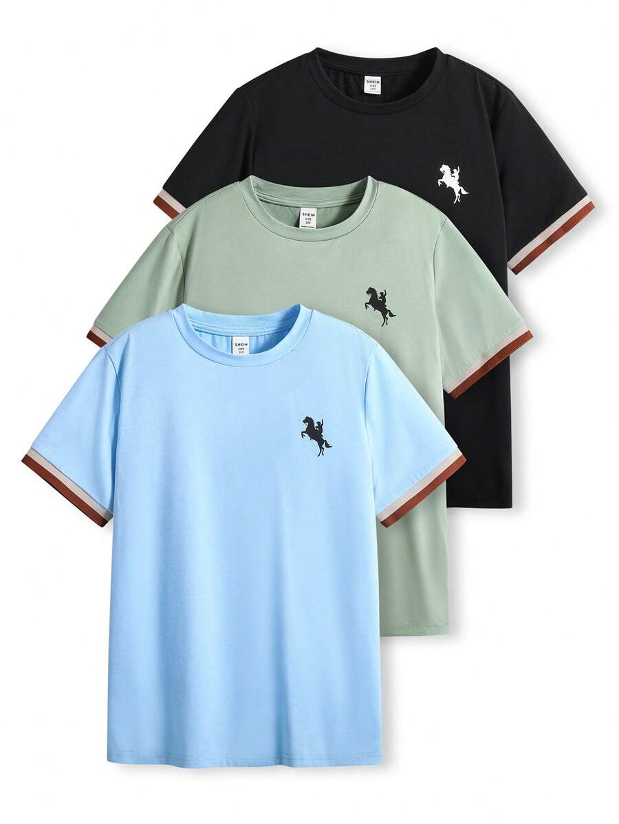 SHEIN 3-częściowy zestaw koszulek dla chłopców z krótkim rękawem i okrągłym dekoltem w stylu casual