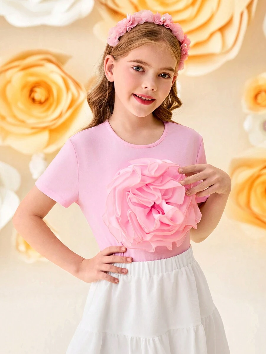 SHEIN Tween Girls' Knitted Tulle 3D Floral Decorated Elegant Pink Blouse, Sweet Top, French Elegant Blouse, Valentine's Day Tween Girl, Flower Girl, Back To School