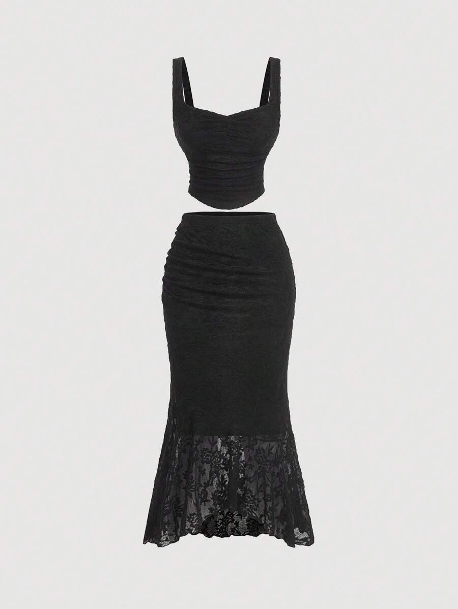 SHEIN MOD Black Lace Vest Fishtail Skirt Two-Piece Set Dreamy Formal Set,Prom Set,Cruise Women Outfits, Clothes,90s Outfit,Fall Sets,Korean Fashion,Corpse Bride,Bridesmaid Set,Dinner Outfit,Birthday Women Outfits,Homecoming,Ruffle Set,Renaissance
