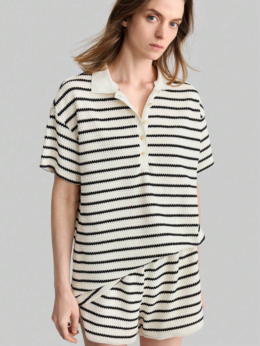 Ontre 2pcs Women Stripe Polo Collar Short Sleeve Top And Shorts Set, Casual Knit Suit Combo Outfit, Spring/Summer