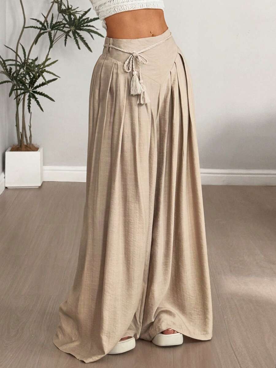 Flirla Damen locker sitzende weite Palazzo Hose mit Quasten, entspannter Urlaubsstil