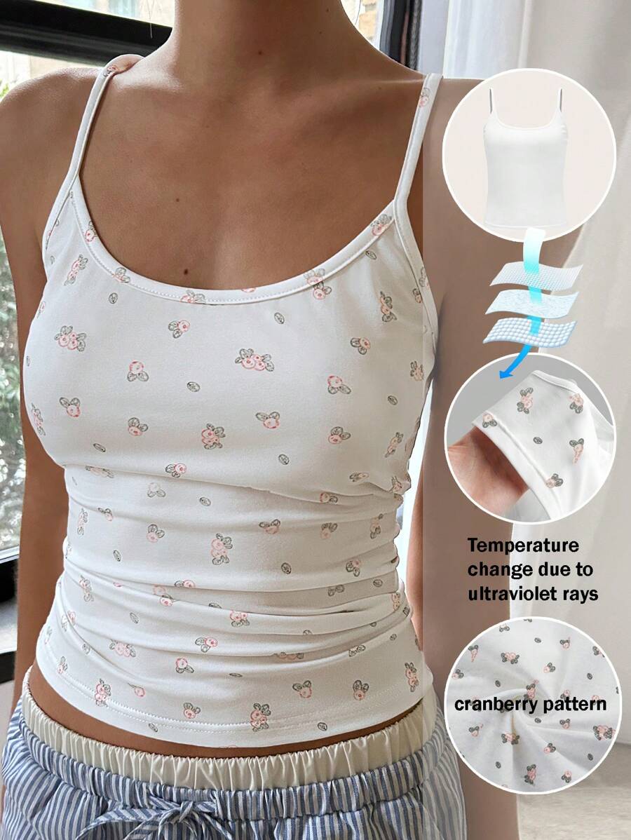SHEIN EZwear Top de tirantes de mujer con estampado floral ditsy de arándano, con protección UV y termorregulación para el verano