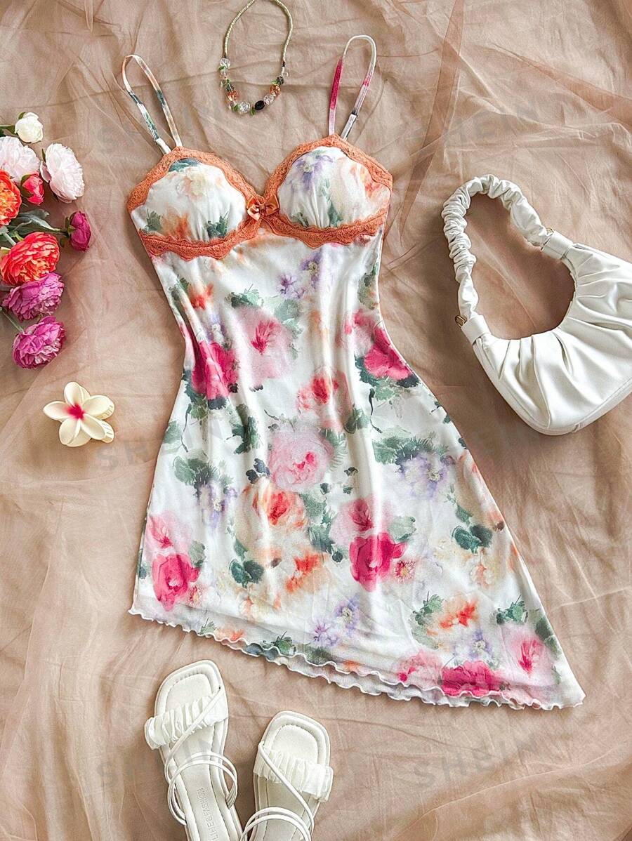 Soleia Vestido de verano con estampado floral romántico, encaje de contraste, dobladillo asimétrico, tirantes de espagueti para vacaciones, playa, primavera, Día de San Valentín, cumpleaños