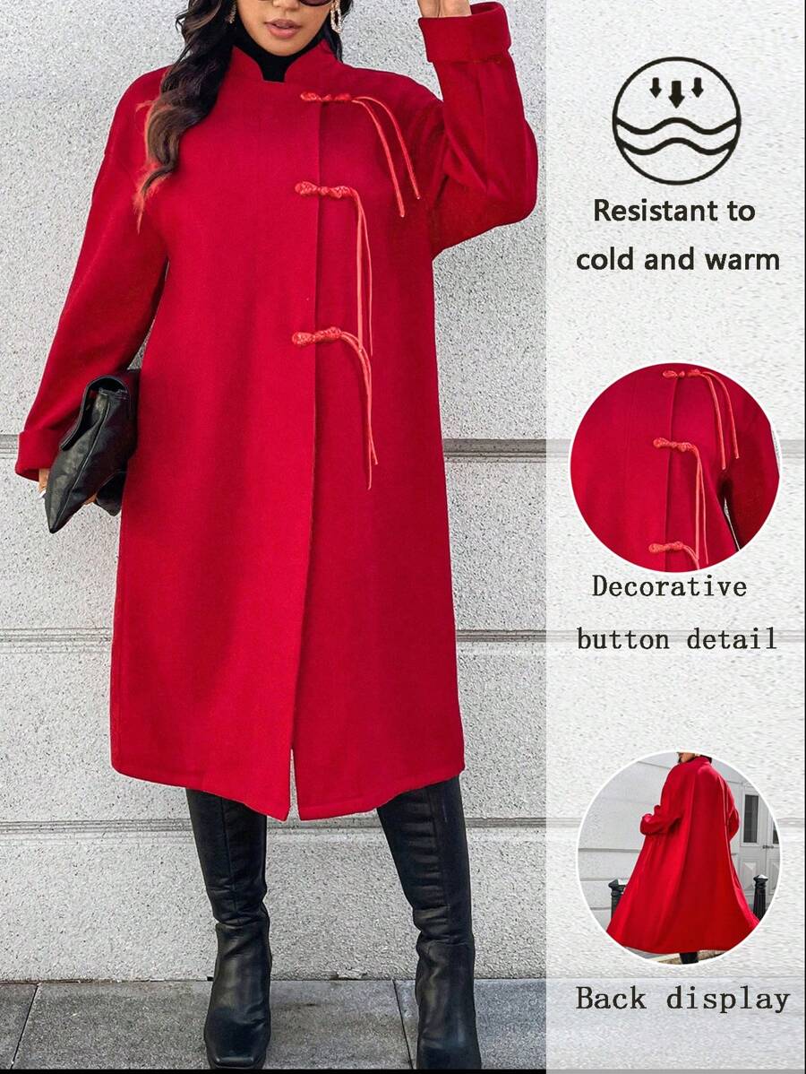 Celure 1 pieza Abrigo elegante de lana de un solo color con botones, talla grande, para otoño e invierno