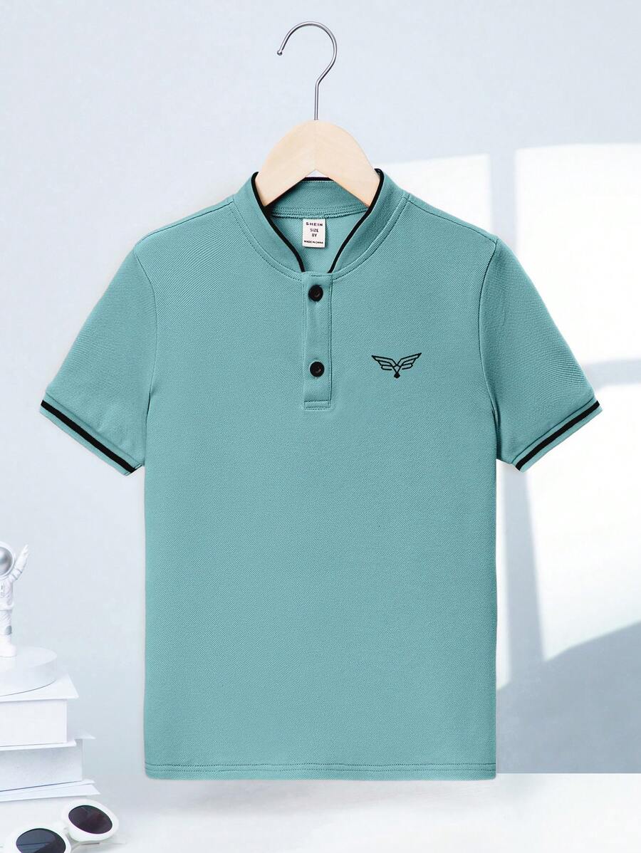 SHEIN Tween Boy's Varsity Collar Pattern Knit Short Sleeve Polo Shirt