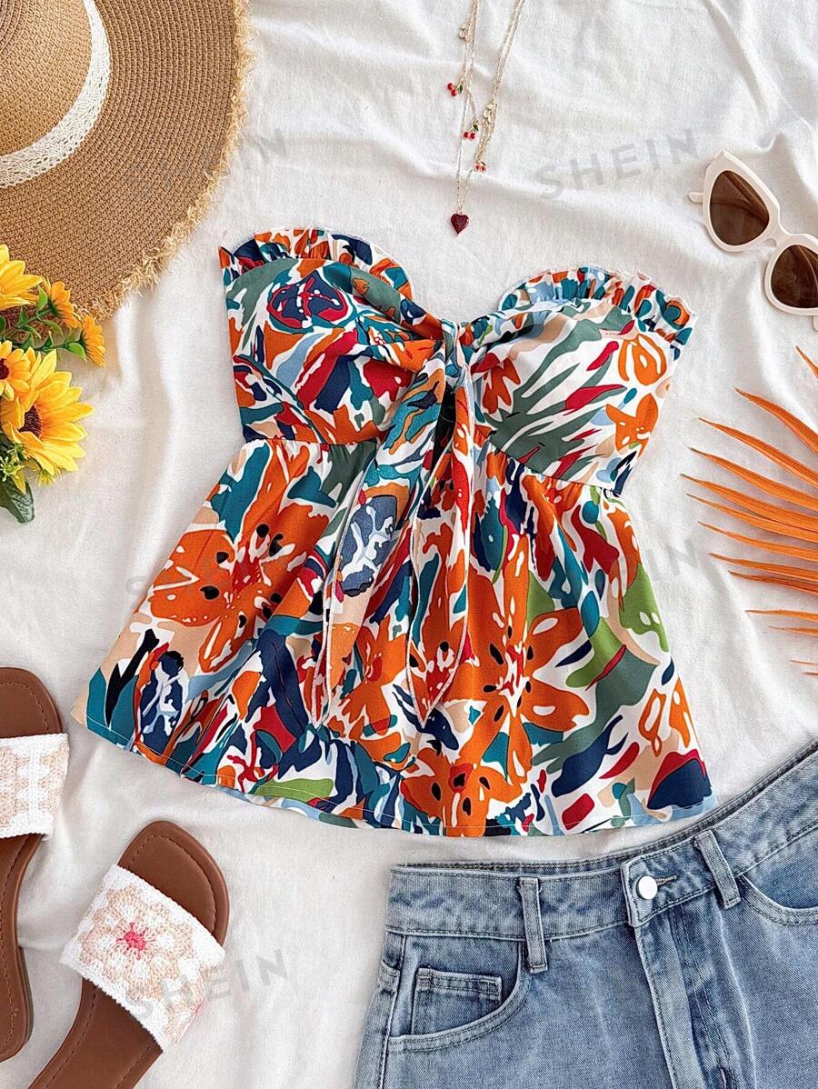 Soleia Top sin tirantes con estampado retro de rosas, cuello con volantes, cintura con twist y bajo en línea A, diseño estilizador para vacaciones, fiesta, cita, Día de San Valentín
