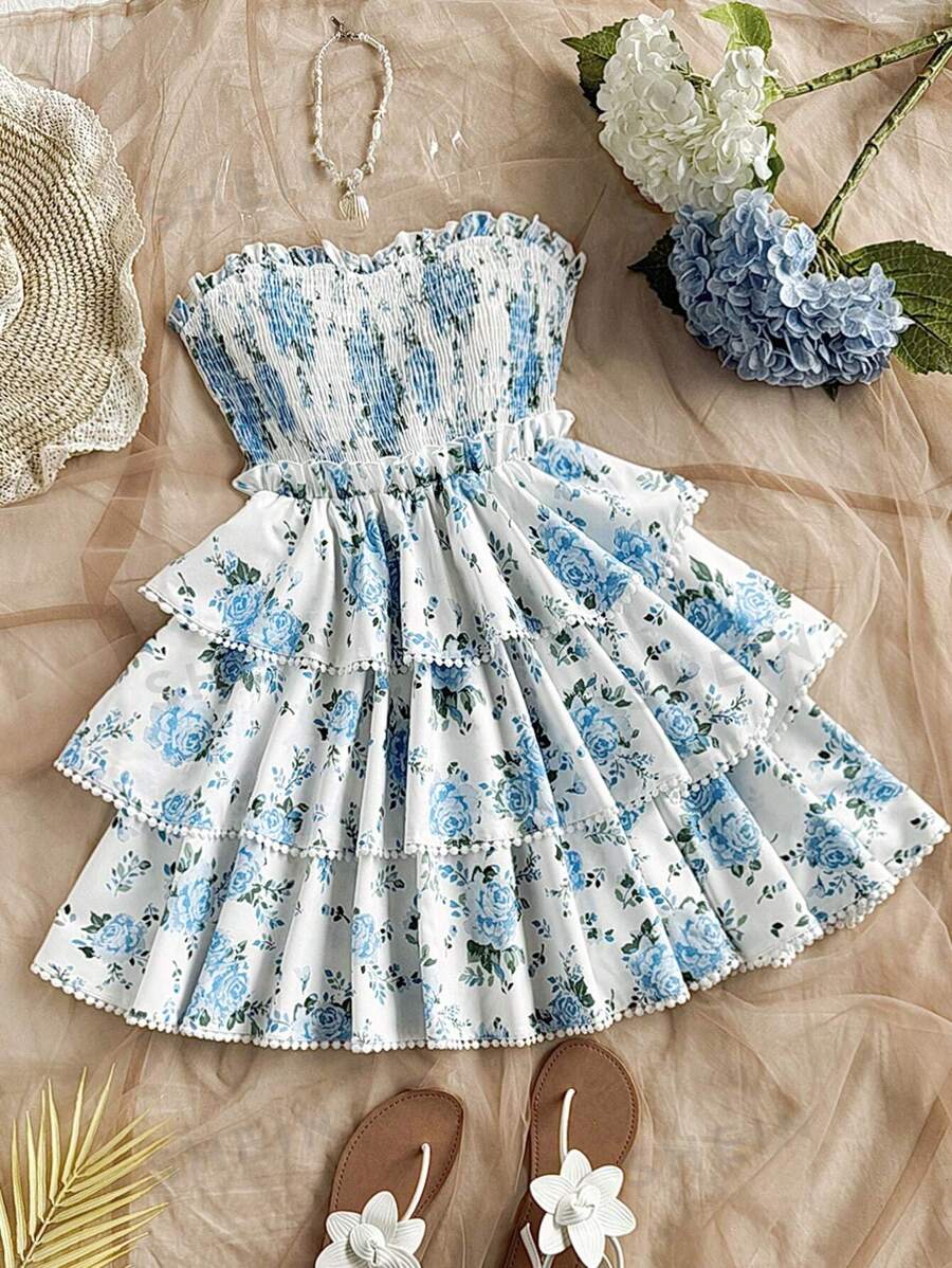 Soleia Vestido corto de estilo princesa con volantes multicapa y estampado floral romántico para vacaciones, Día de San Valentín, vestido de mujer, atuendos de vacaciones para mujer, vestido de cumpleaños para mujer, Mardi Gras, vestido formal para mujer
