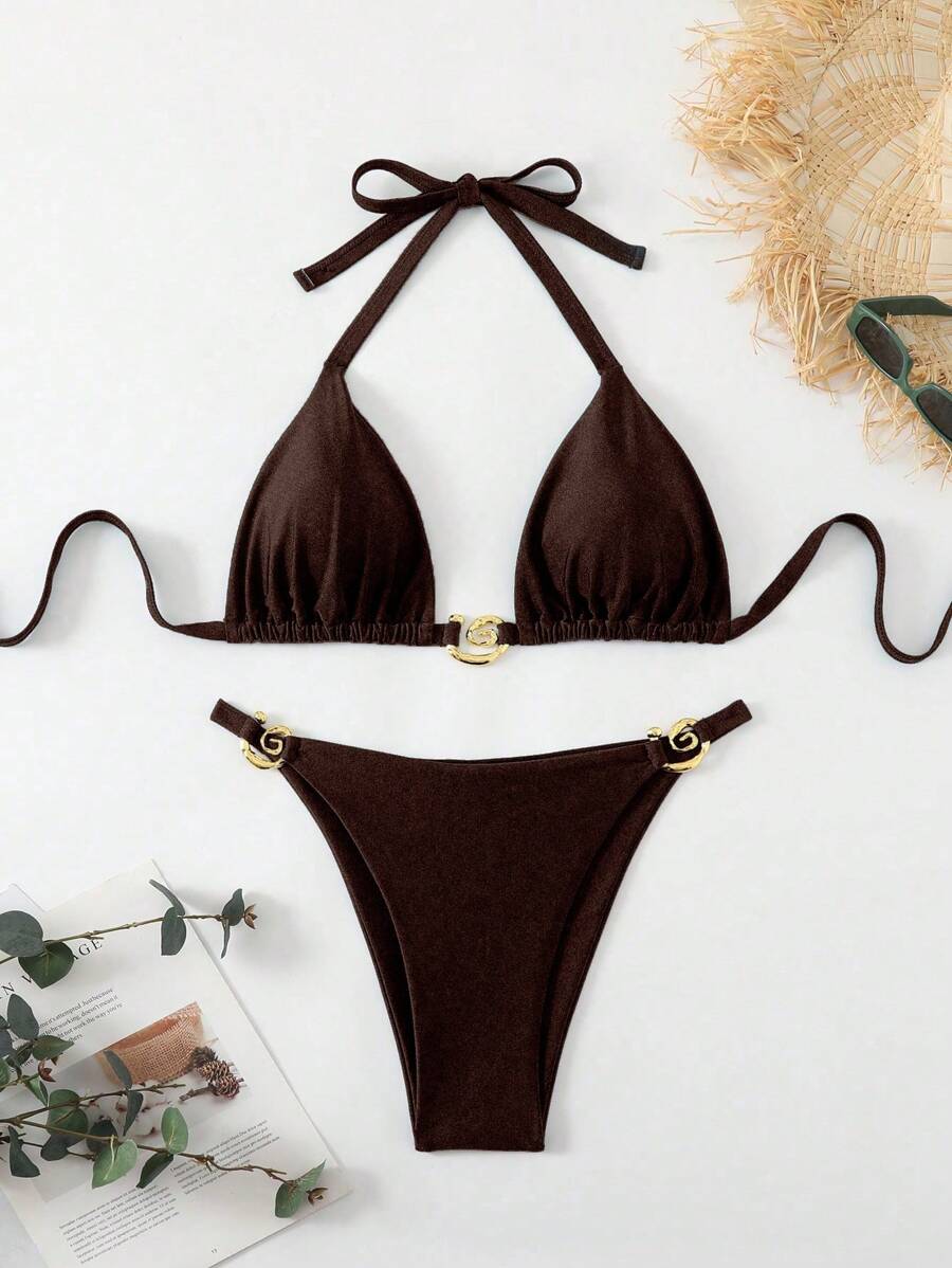 SHEIN Swim Curve Plus Size Women's Halter Split Sequin Solid Color Spiral Decor Two-Piece Sexy Bikini Set, For Summer Beach Vacation