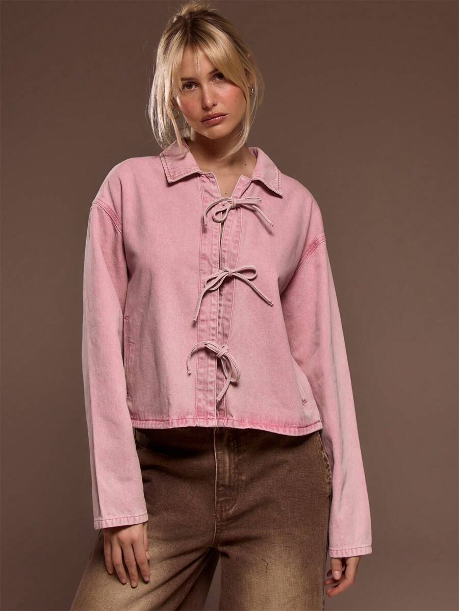 MUSERA Boxy Fit Collared Tie Bow Detail Long Sleeve Washed Denim Jacket Spring Street Style Cute Spring 90's
