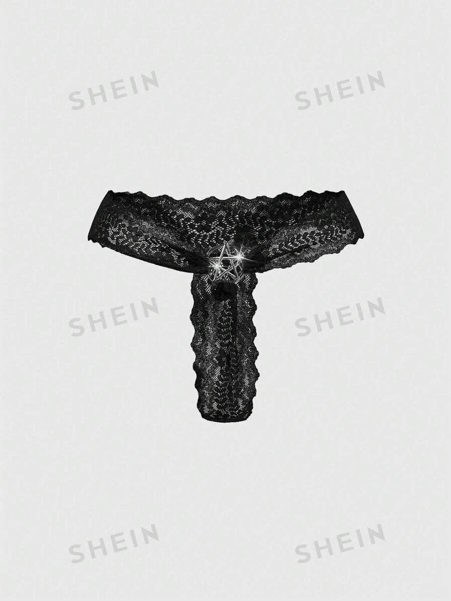 ROMWE Goth 1 pieza Tanga de encaje con anillo de metal con estrella gótica