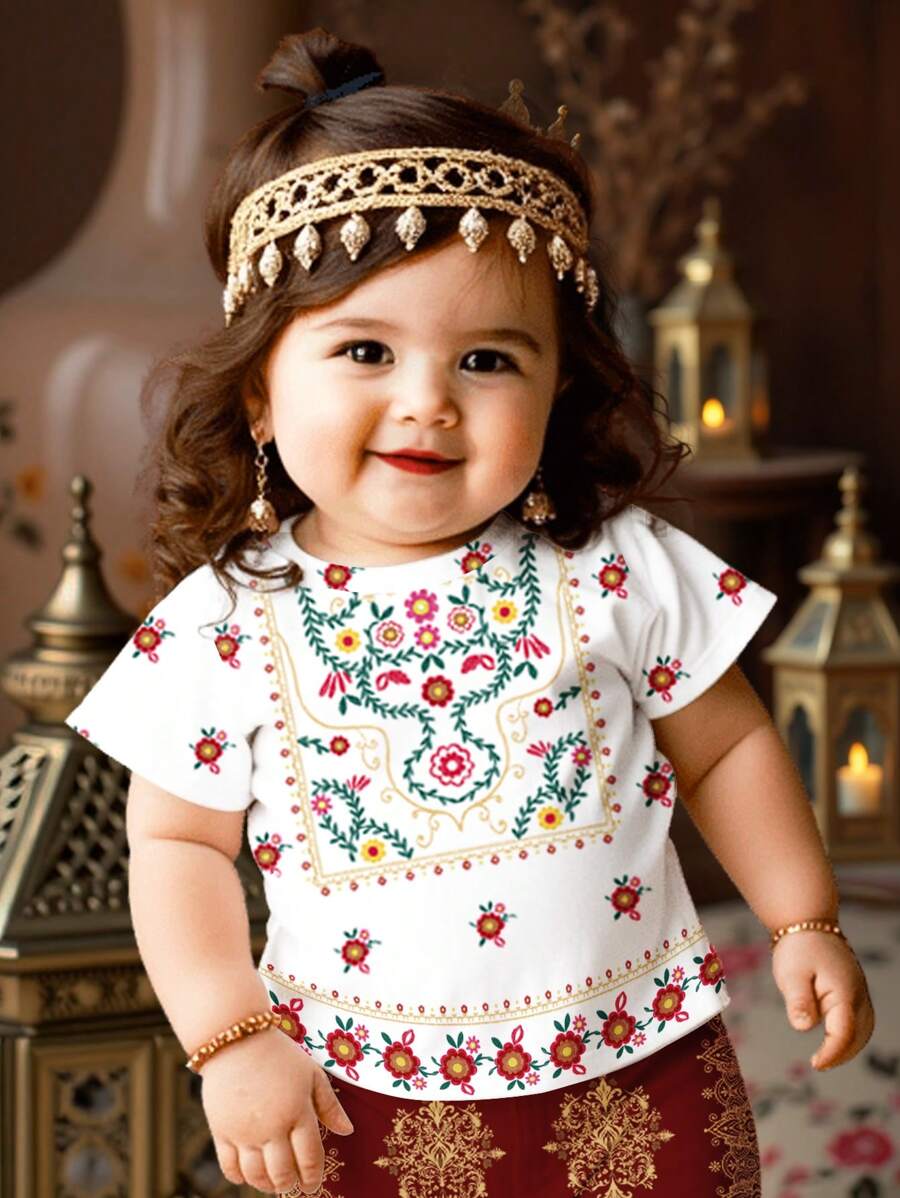 SHEIN Babymeisjes zoete strik en ditsy bloemen casual minimalistische korte mouw ronde hals blouse, veelzijdig voor de zomer, vakantie bijeenkomsten