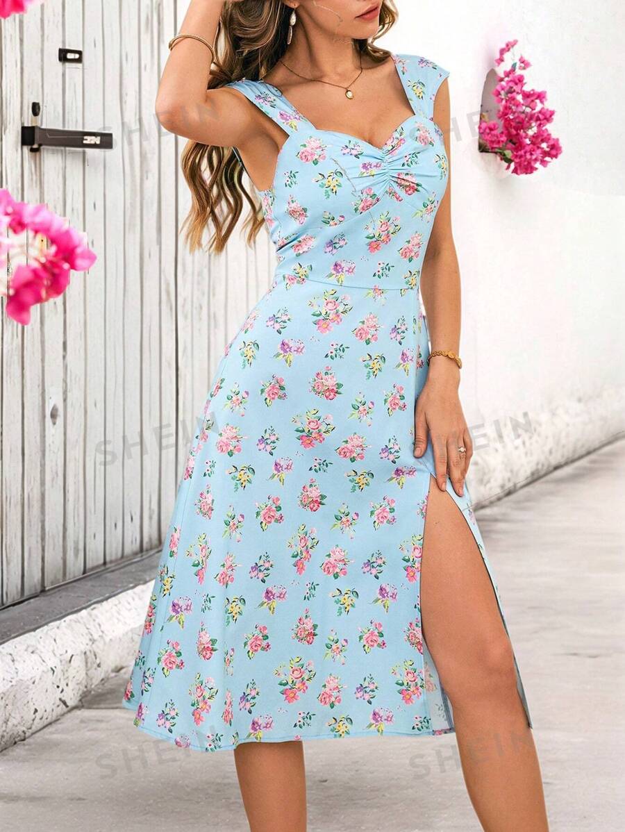 SHEIN VCAY Vestido para cita del Día de San Valentín, vestido de mujer de colección con cuello de corazón, cintura alta, abertura romántica con pequeñas flores, vestido de vacaciones de verano para la playa, vestido de vuelta al colegio, conjunto muy sencillo, atuendo de oficina, atuendo de dinero antiguo, atuendo de maestra, atuendo de cita, este es un vestido de moda floral romántico muy fresco y sencillo.