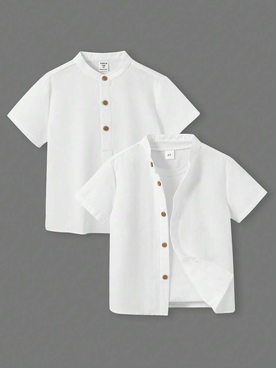 SHEIN 2 stuks Kids Boy Casual Stand Collar Half-Zip Loose Woven Short Sleeve Shirt Multi-Pack, 2 Stijlen 1 Van Elk, Geschikt Voor Woon-werkverkeer, School, Dagelijkse Kleding, Reizen, Sport, Lente, Zomer, Herfst, Winter
